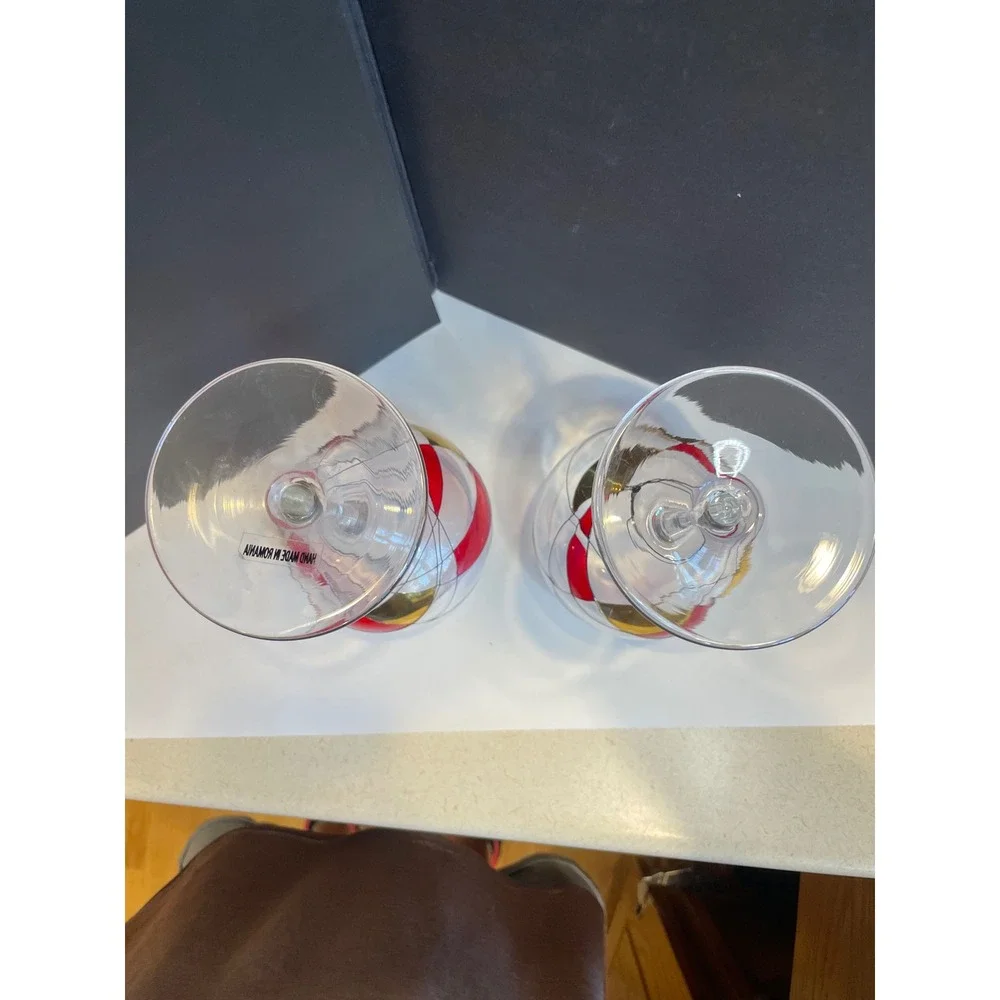 Handmade Romania Wine Glass Set 2 Red Gold Abstract Geometric Hand Painted 9in
